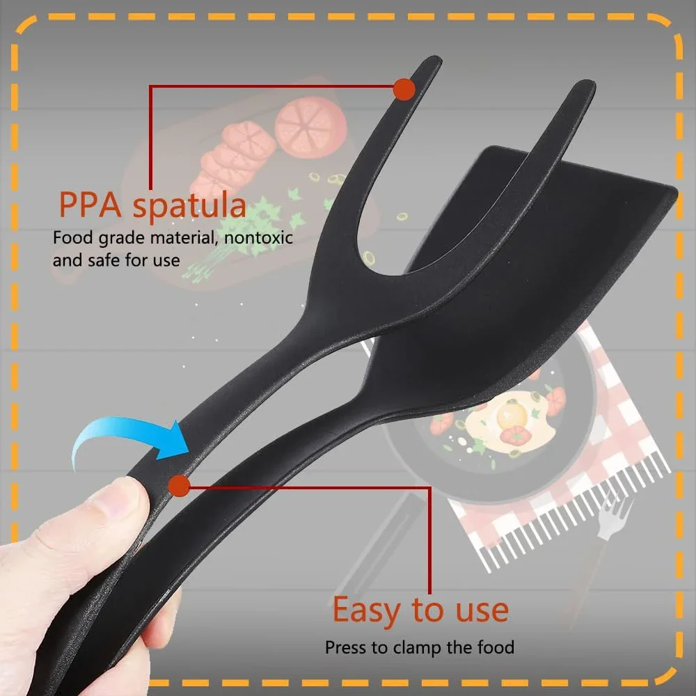 Venda quente 2 em 1 aperto flip espátula pinças ovo flipper espátula náilon revestimento antiaderente panqueca peixe torrada francesa omelete fazendo ferramenta