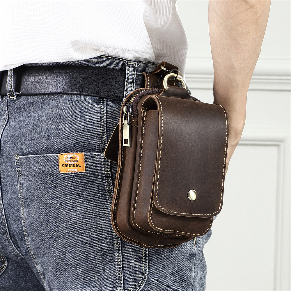 AIGUONIU echt leer retro haakontwerp mobiele telefoon klein heuptasje heupriemtas heren hardloopheuptas heuptasje