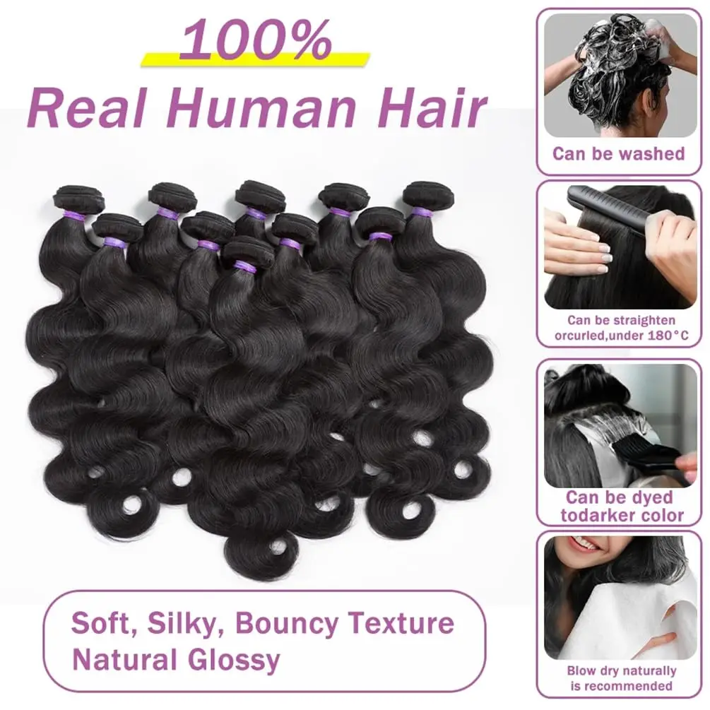Pacotes de cabelo humano com fechamento onda do corpo brasileiro virgem tecer cabelo humano 3 pacotes com fechamento de renda 4x4 cor preta natural