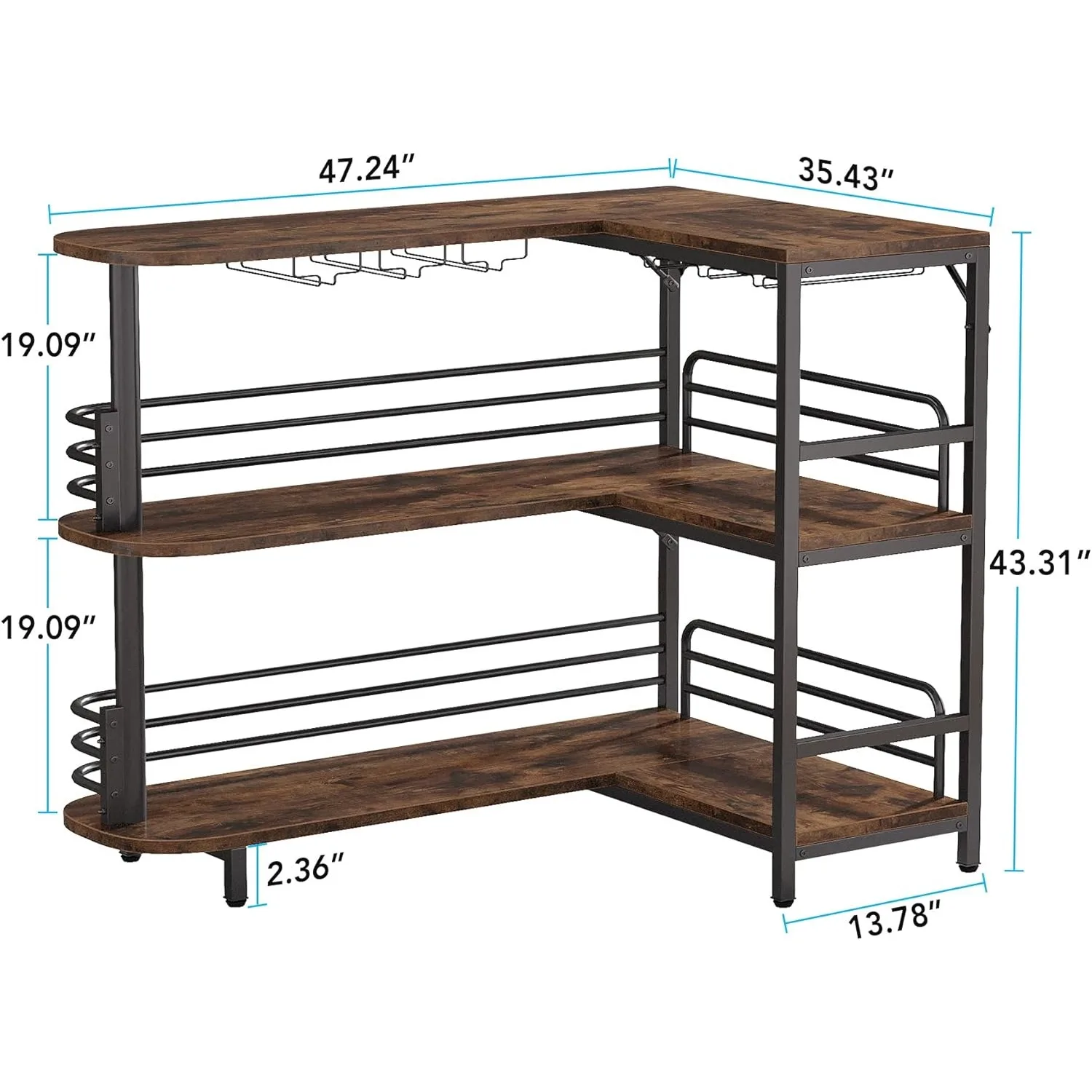 L-Shaped Home Bar Unit, 3 Tier Liquor Bar Table with Storage Shelves and Wine Glasses Holder for Home Kitchen Pub, Rustic Brown