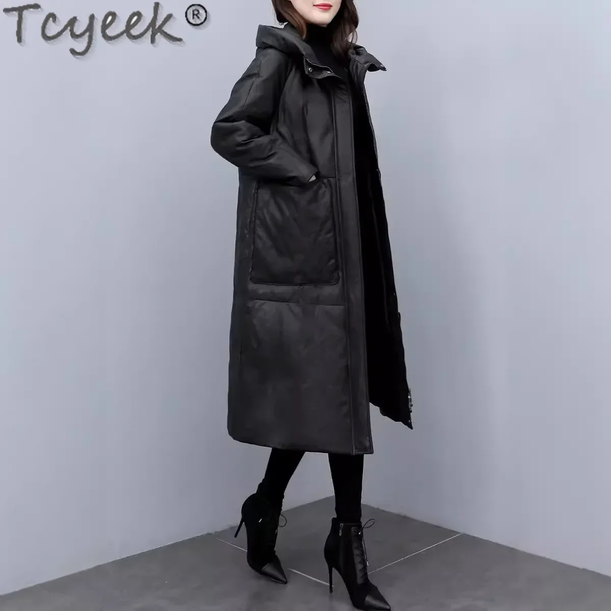 Tcyeek Echt leder Daunen jacke Frauen 2024 lange Daunen mäntel Winter jacken Kapuze Schaffell mantel für Damen bekleidung locker sitzen