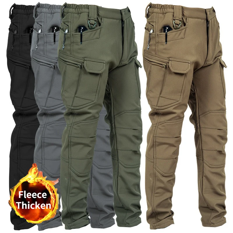 Calças de inverno masculinas, resistentes à água, forro de lã, snowboard, esqui, softshell, calças táticas com vários bolsos, calças de trabalho ao ar livre