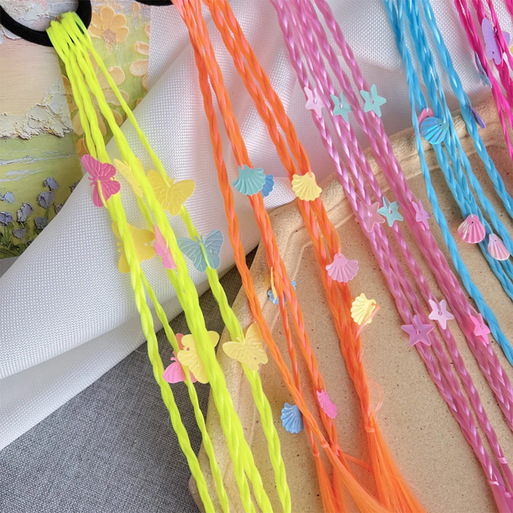 Estensioni dei capelli trecce colorate sintetiche per ragazze con elastici Posticci intrecciati arcobaleno Accessori per capelli coda di cavallo per ragazze