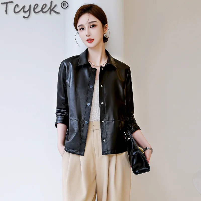 Tcyeek, chaqueta de cuero genuino para mujer, ropa de primavera y otoño, abrigos de piel de oveja auténtica, chaquetas de cuero informales para mujer, Куртка jahжаха 2024