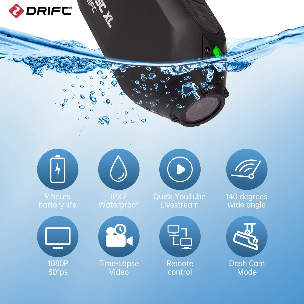 Drift Innovation Ghost XL Action Camera 1080 Full HD Video Camera with Rotating Lens and Dash Cam Mode IPX7 Waterproof Camera