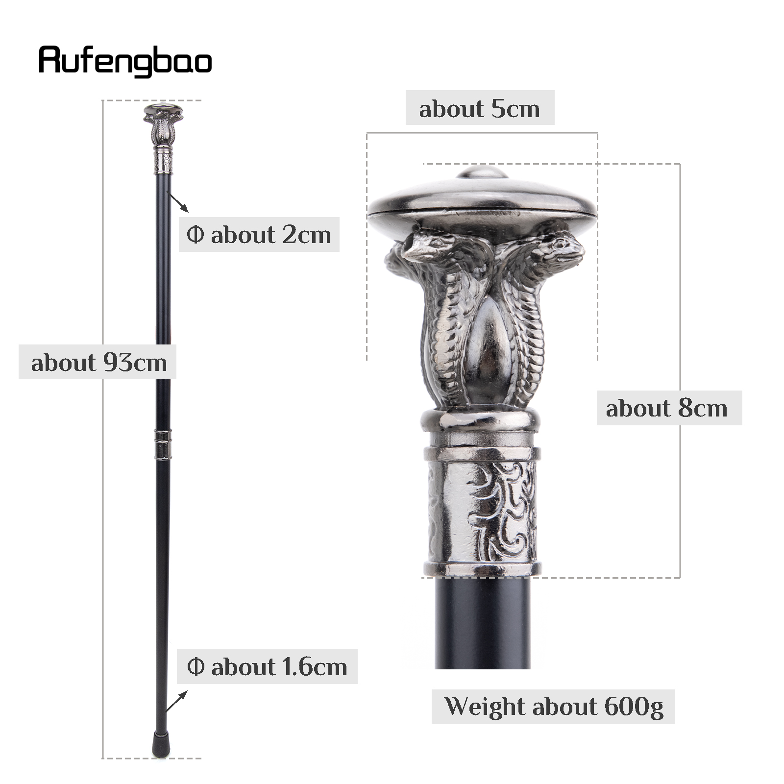 Quatro cabeças cobra Faraó bengala, Bastão decorativo de moda, Cavalheiro elegante Cosplay Cane Knob Crochet, 93cm