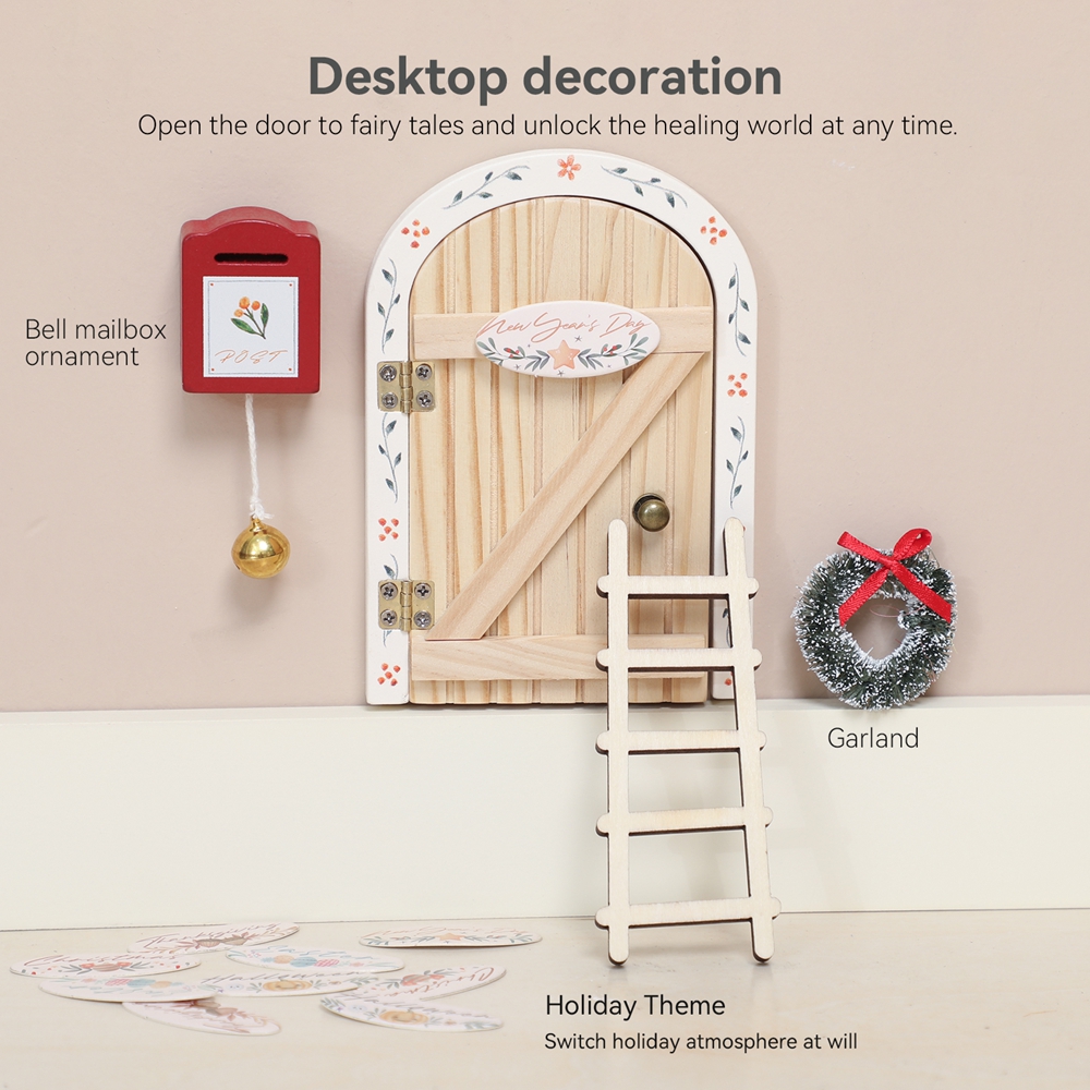 Casa de bonecas mini decorações para casa estilo natal porta elfo de madeira com acessórios decoração da escada da parede do quarto do bebê presentes do bebê