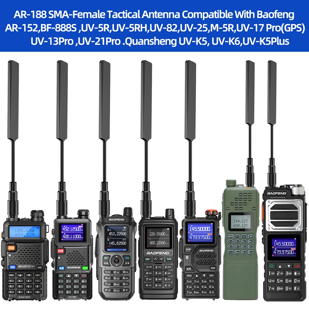 Abree AR-188 antena tática pescoço de ganso vhf uhf sma-fêmea para baofeng walkie talkie UV-5R 5rh 13 17 21 pro Quangsheng UV-K5 (6)