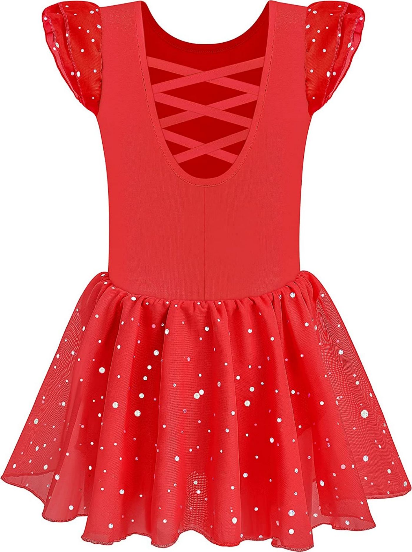 Collant de dança para meninas, vestido de balé, saia brilhante, manga com babados, costas cruzadas