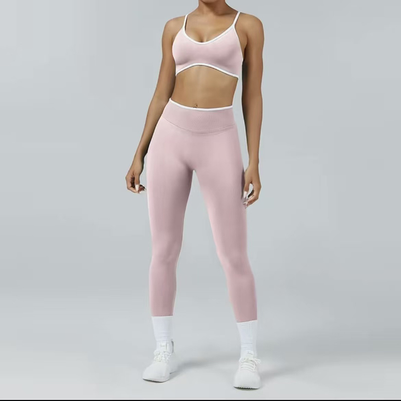 2PCS High Waisted Sports Bra Set with Contrasting Small Suspender Tight Fitting Hip Lifting Training Bra And Pants