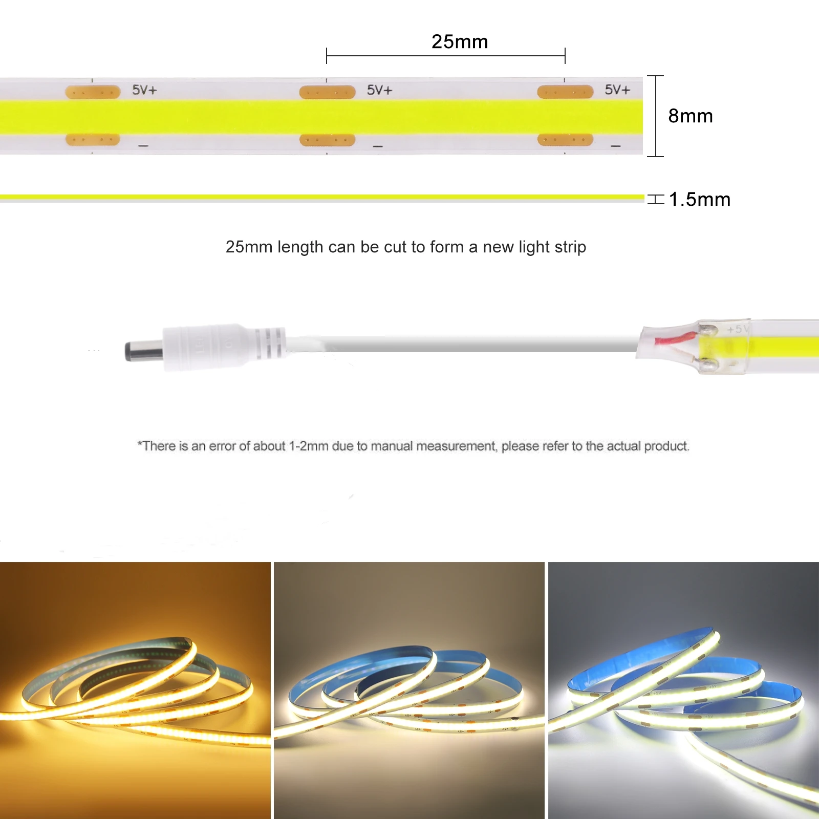 8MM COB LED Strip Light 5V 320LEDs/M Motion Sensor Dimmable Flexible LED Tape Ribbon USB/Battery Powered DIY Backlight for Room