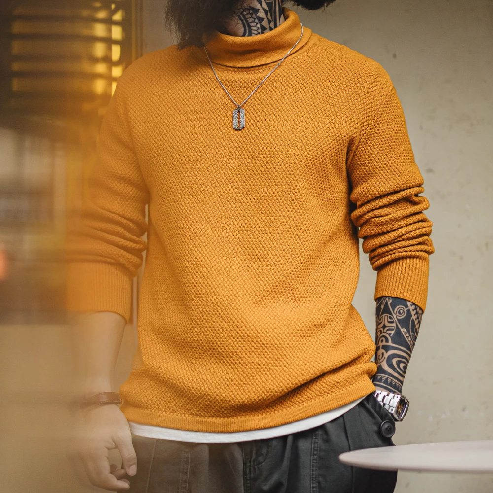 Maden ใหม่ Vintage ครึ่ง - เสื้อคอเต่าถักเสื้อกันหนาวสีเหลือง Base Layer Pullover สวมใส่ด้านในที่อบอุ่นสําหรับชายฤดูใบไม้ร่วงและฤดูหนาว