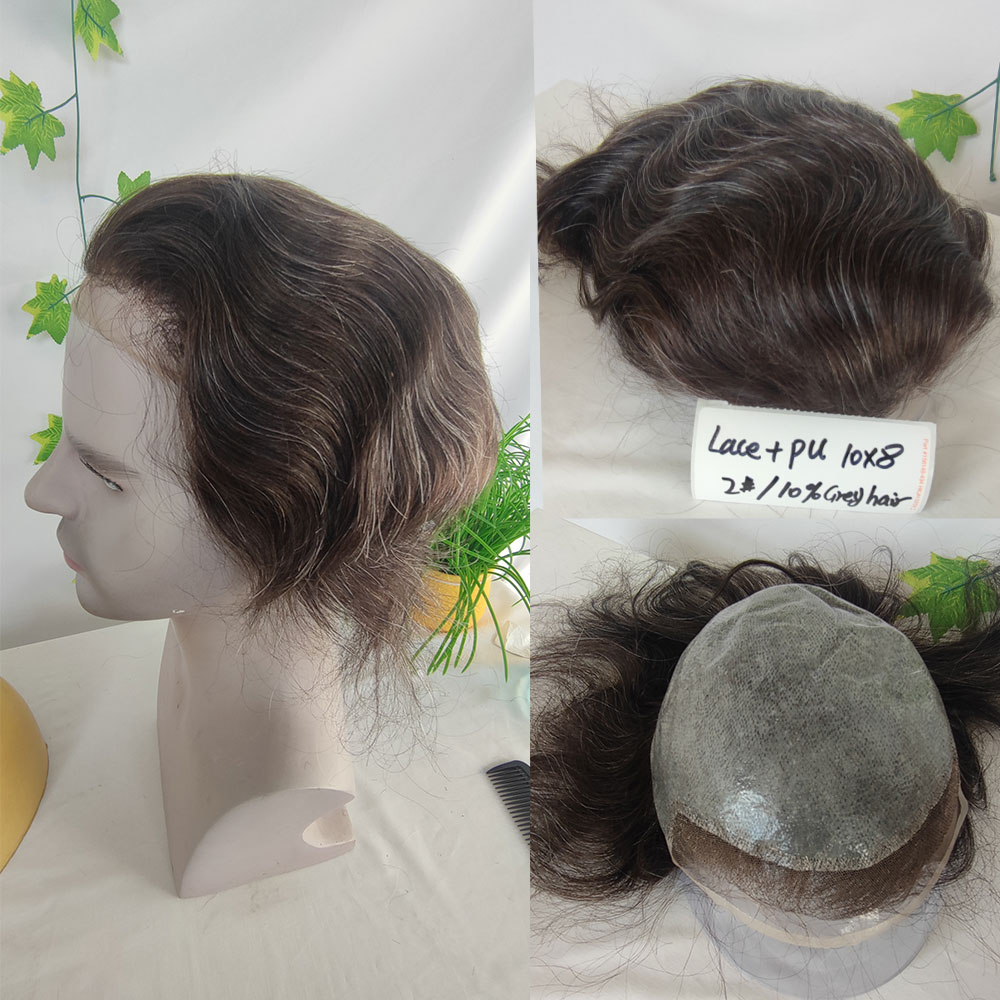 ผมมนุษย์ผู้ชาย Toupee ลูกไม้ฝรั่งเศสชายผมเปลี่ยนระบบวิกผม MONO Lace Hairpiece PU สีดําธรรมชาติ