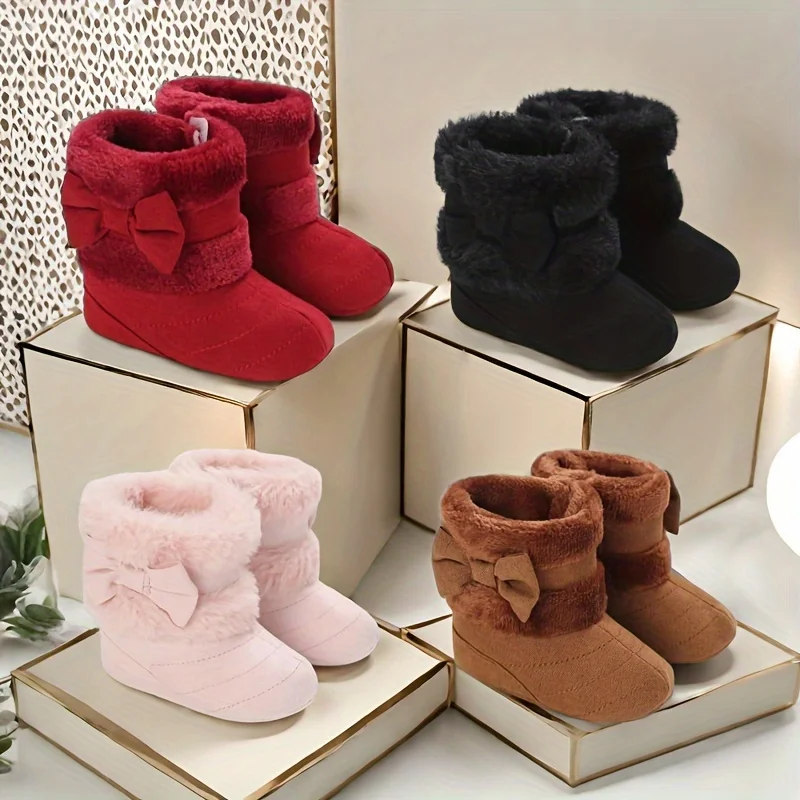 0-18M Babyschuhe Mädchen Winter Plüsch Komfort Schneestiefel süße Schleife Baumwollschuhe Baby weiche Sohlen rutschfeste Kleinkindschuhe