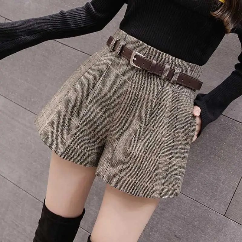 Pantalones cortos Cargo de pierna ancha para mujer, ropa de calle informal, pantalones cortos cálidos de cintura alta a cuadros V5, novedad de 2024