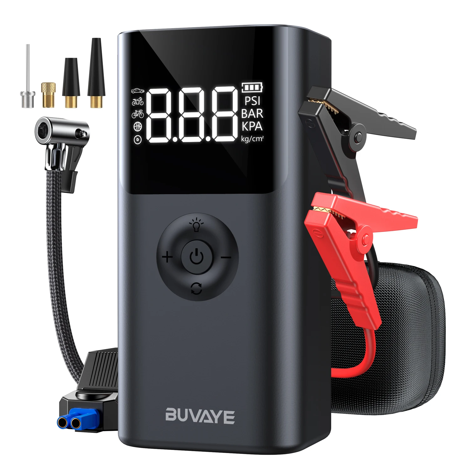 BUVAYE 2500A arrancador de batería de coche banco de energía bomba de aire portátil 150PSI refuerzo de batería de 12V para motores diésel de 8,0L de gasolina y 6,0L