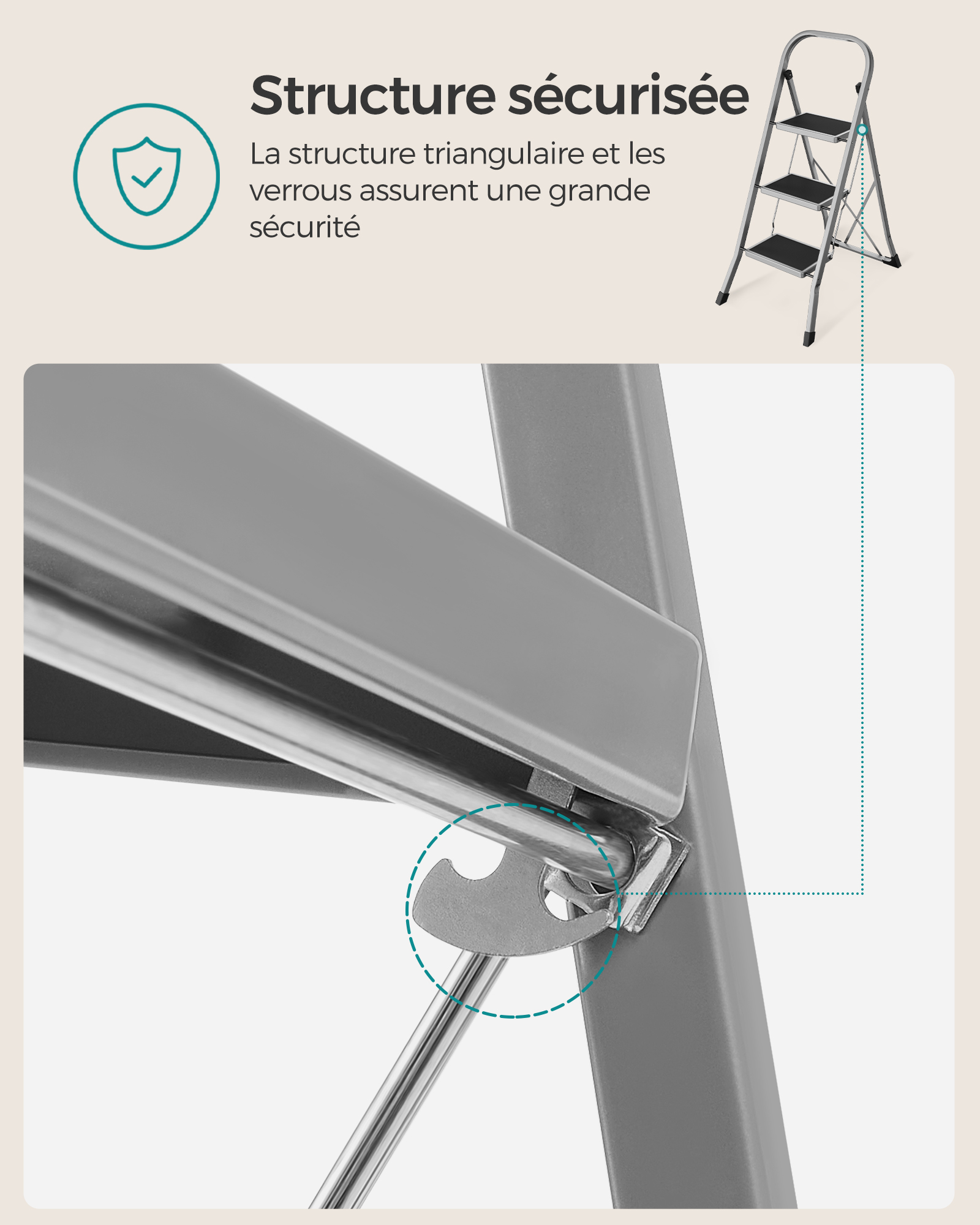 SONGMICS Marchepied 3 Marches Pliable, Escabeau, Verrou de Sécurité, Facile à Ranger, Charge 150 kg