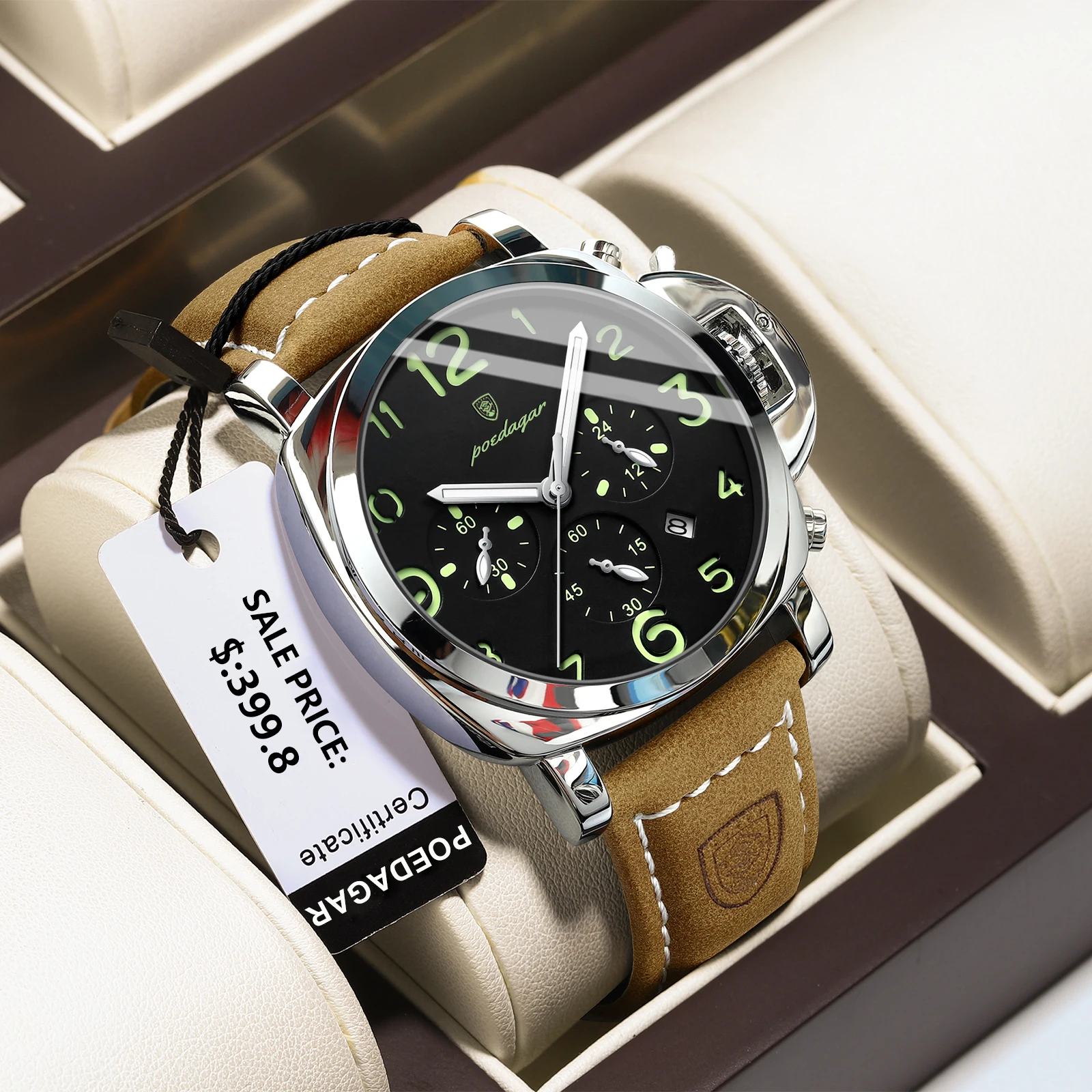 Reloj POEDAGAR de lujo para hombre, cronógrafo resistente al agua, reloj luminoso con fecha para hombre, relojes de cuarzo militares deportivos de cuero informales para hombre