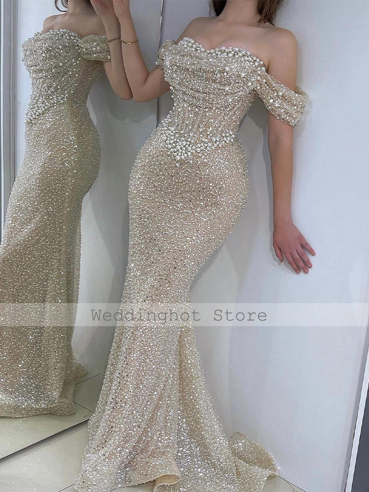 Robe de soirée de luxe, épaules dénudées, style sirène, perles, longue, Champagne, ivoire, robe de soirée formelle pour femmes