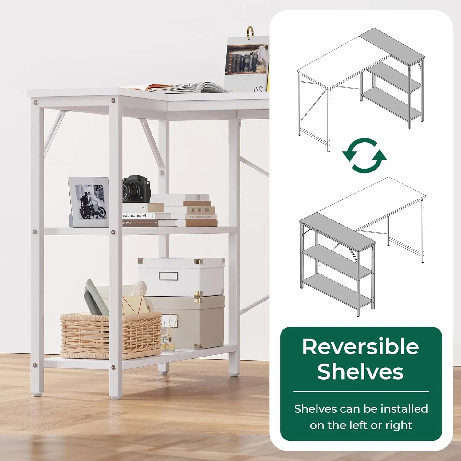 L-vormig computerbureau Houten open plank Bureaucomputer met planken 120 cm Studiebureau voor studeerkamer Slaapkamer Thuiskantoor Wit