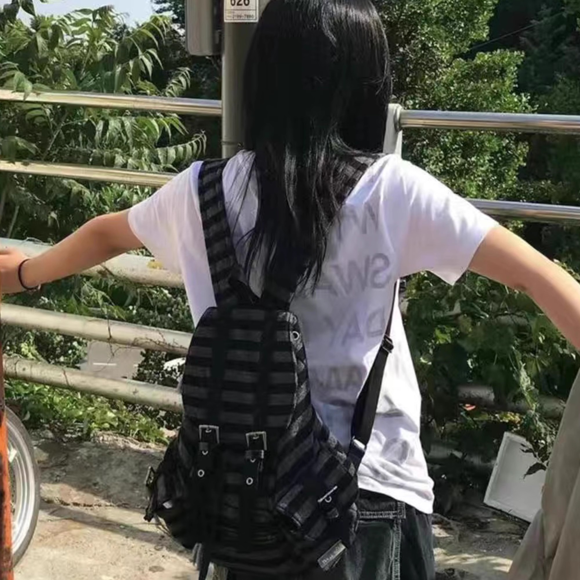 Korean Sle Striped Canvas Backpack Women's 2024 Newjeans Functional Bookbag Commuter Versatile Double Shoulder Bag