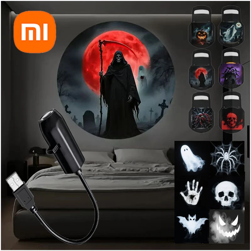 Xiaomi USB Projetor Luz Halloween Crânio NightLight Fantasma LED Lâmpada 360 °   Luz de humor noturna escura com padrão comutável giratório