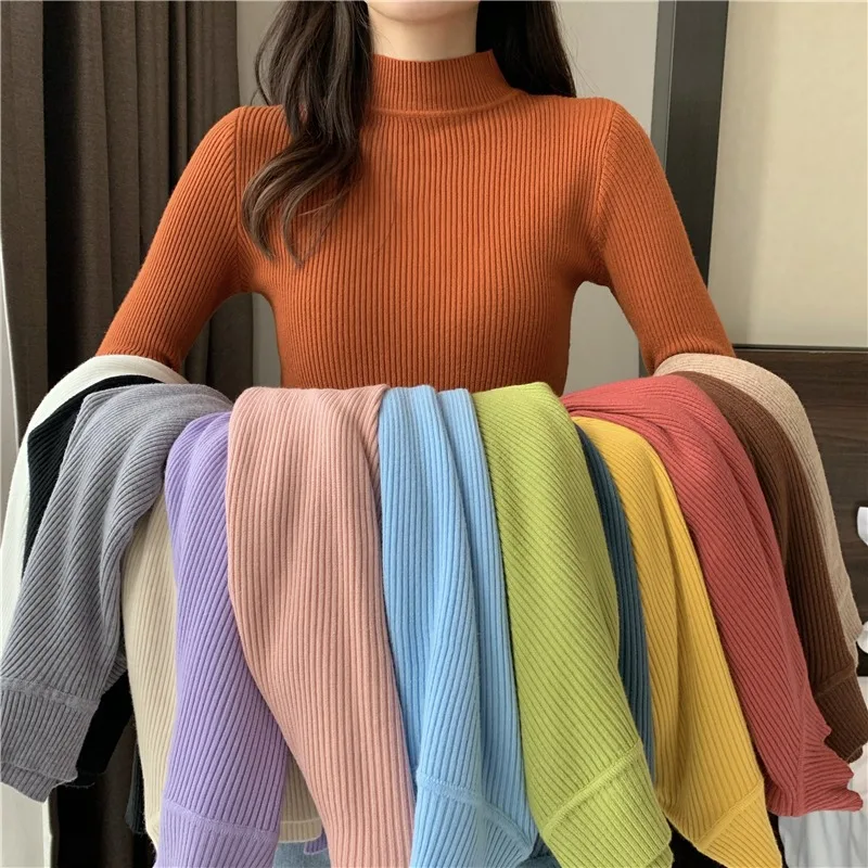 Zjaiss 2025 Herbst Grundlegende Bodenbildung Pullover Top Frauen Gerippte Weiche Mock Neck Elastische Pullover Warme Einfarbig Schlank Jumper