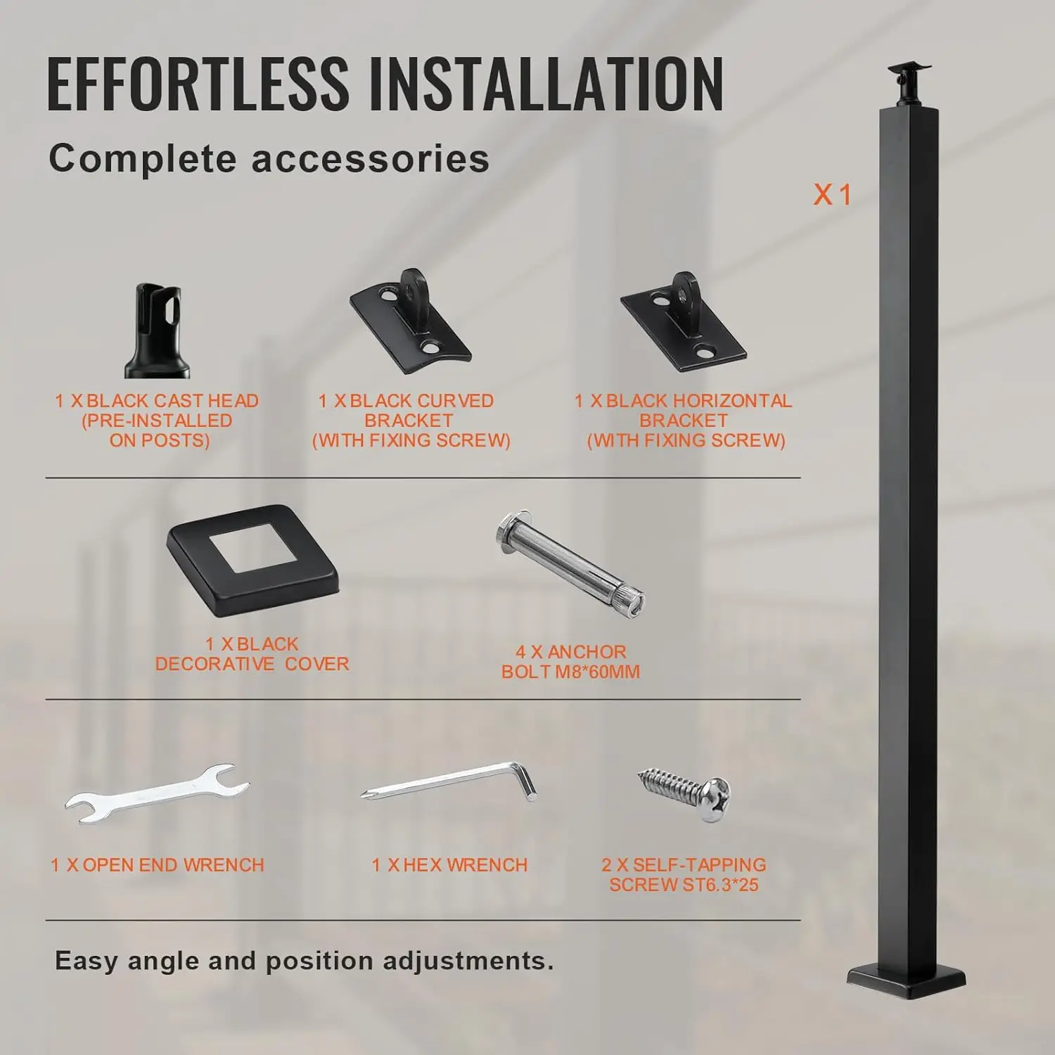 Cable Railing Post, 36" x 2" x 2" Steel Level Deck Railing Post Without Holes, SUS304 Stainless Steel Cable Rail Post