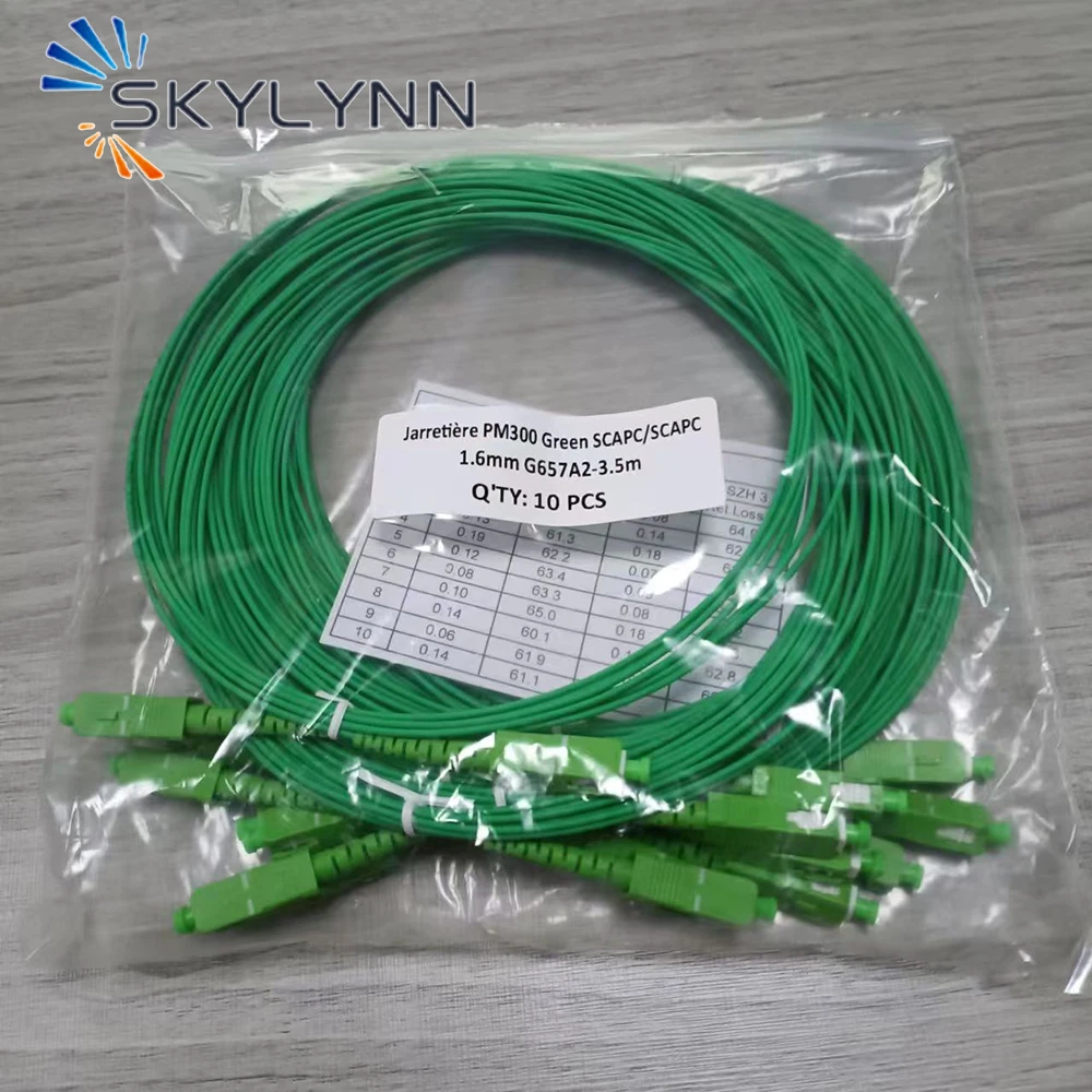 Personalizado 100 Uds SC/APC-SC/APC modo único G657A2 núcleo Simplex 1,6mm de diámetro Cable de conexión de fibra óptica chaqueta LSZH verde 3,5 M