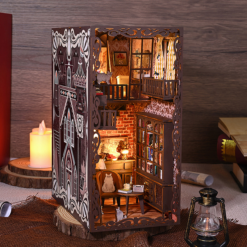DIY Book Nook Kit Miniaturowy domek dla lalek z oświetleniem LED Puzzle 3D Model budynku Drewniana półka na książki Zabawka dla dorosłych Prezent urodzinowy