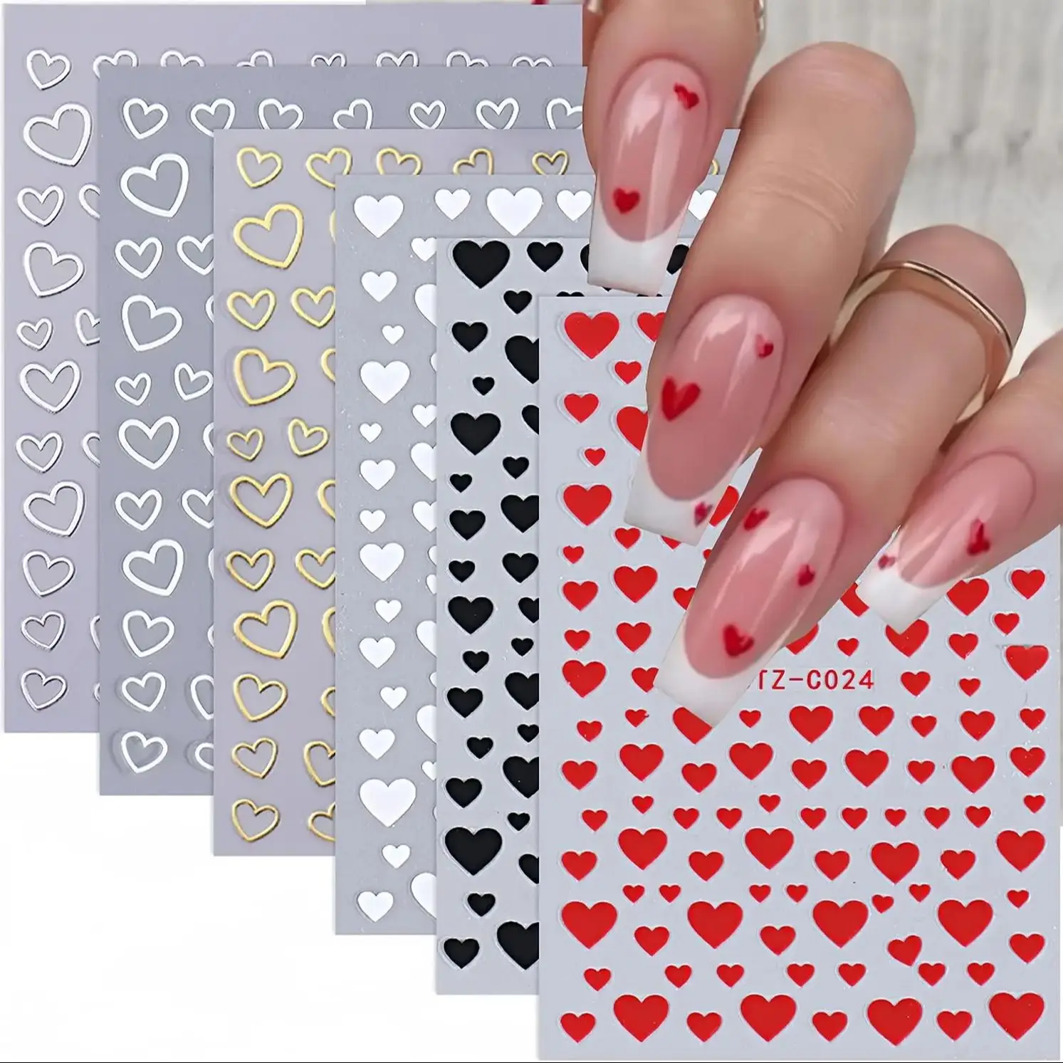 3 hojas de pegatinas de uñas de corazones, calcomanías autoadhesivas de corazón para uñas naturales y uñas acrílicas, decoración de uñas de corazón para Na
