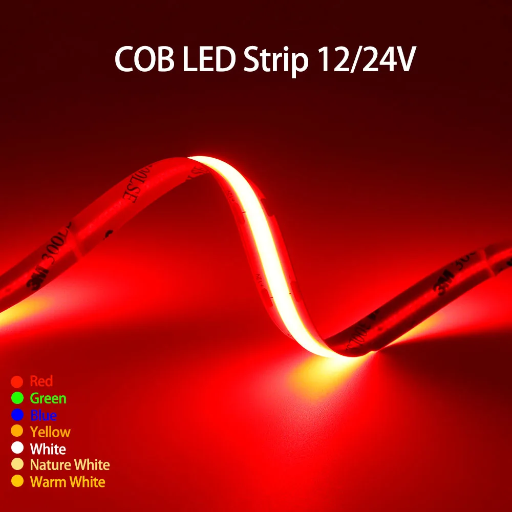 Tira de luces LED COB de alta densidad Flexible FOB 8/10mmPCB 480/528LEDs/m cinta de luces blanco/rojo/verde/azul lineal regulable DC12V/24V