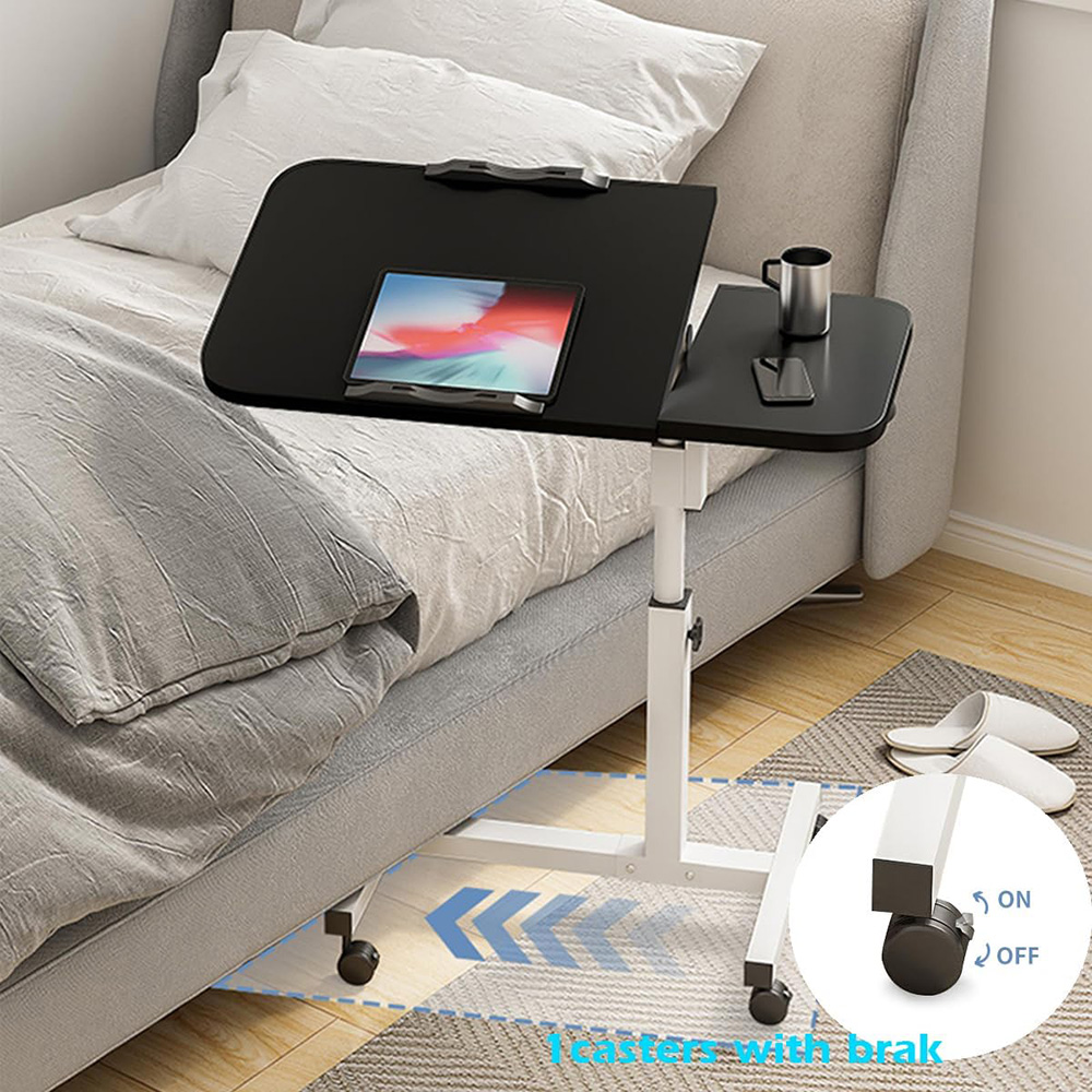 Tilting Overbed Table with Wheels, Height Adjustable Bedside Desk, 2 Tilting Desktops, Mobile Laptop Table Stand Desk