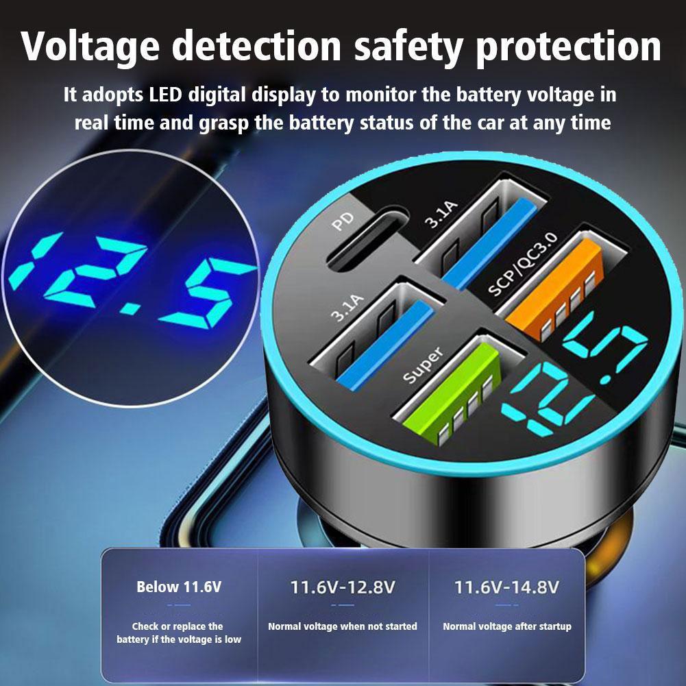 250W Car Charger 5 Ports LED Digital Display USB PD Type C Fast Charging Car Phone Charger Adapter For IPhone 15