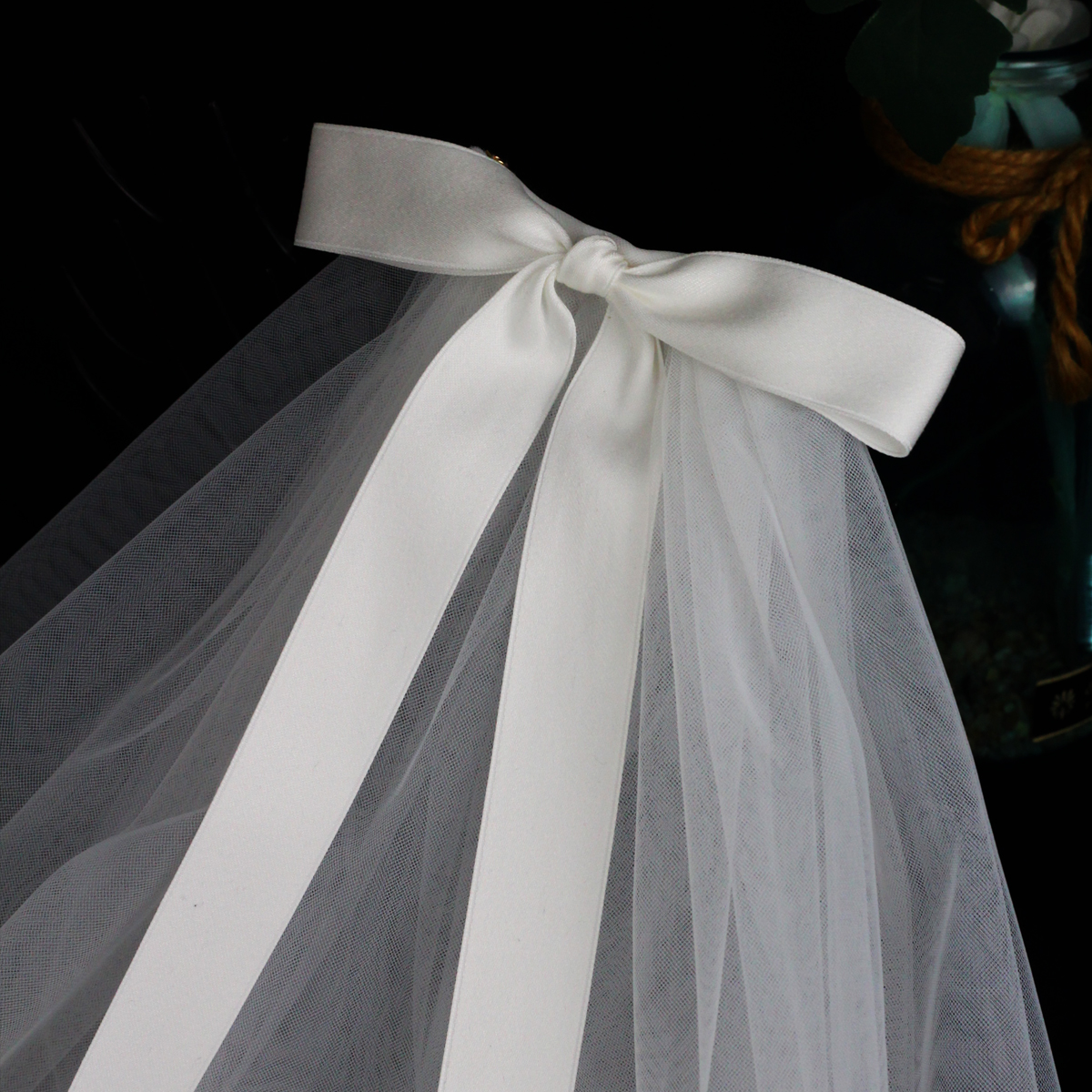 LA003 Bridal Veil Two-Layer Plain Tulle Satin Bow Handmade White Short Headdress Veil for Wedding Dress