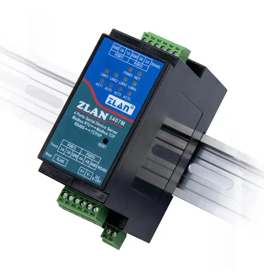 Industriële Seriële Server4 Poorten RS485 Om RJ45 Ethernet Tcp/Ip Naar Seriële Rail-Mount ZLAN5407M