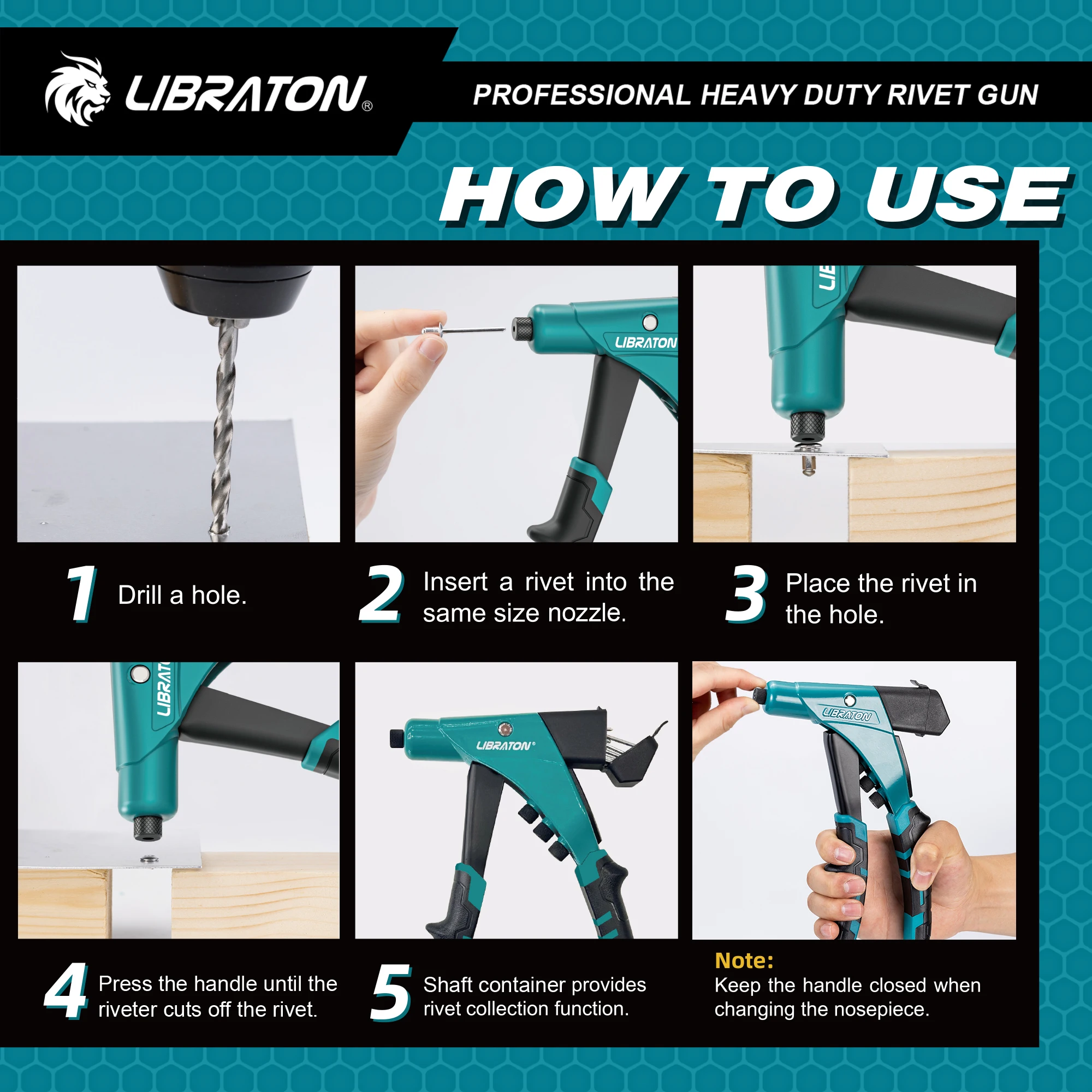 LIBRATON Heavy Duty Rivet Gun Kit, Professional One-Handed Pop Rivet Gun, Manual Riveting Tool for Metal, Wood and Plastic