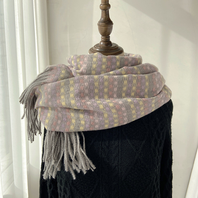 Bufanda a cuadros engrosada para mujer, chal de borla de Cachemira cálida, chal de borla de Cachemira de imitación, cubierta de cuello, bufanda de pareja, Invierno