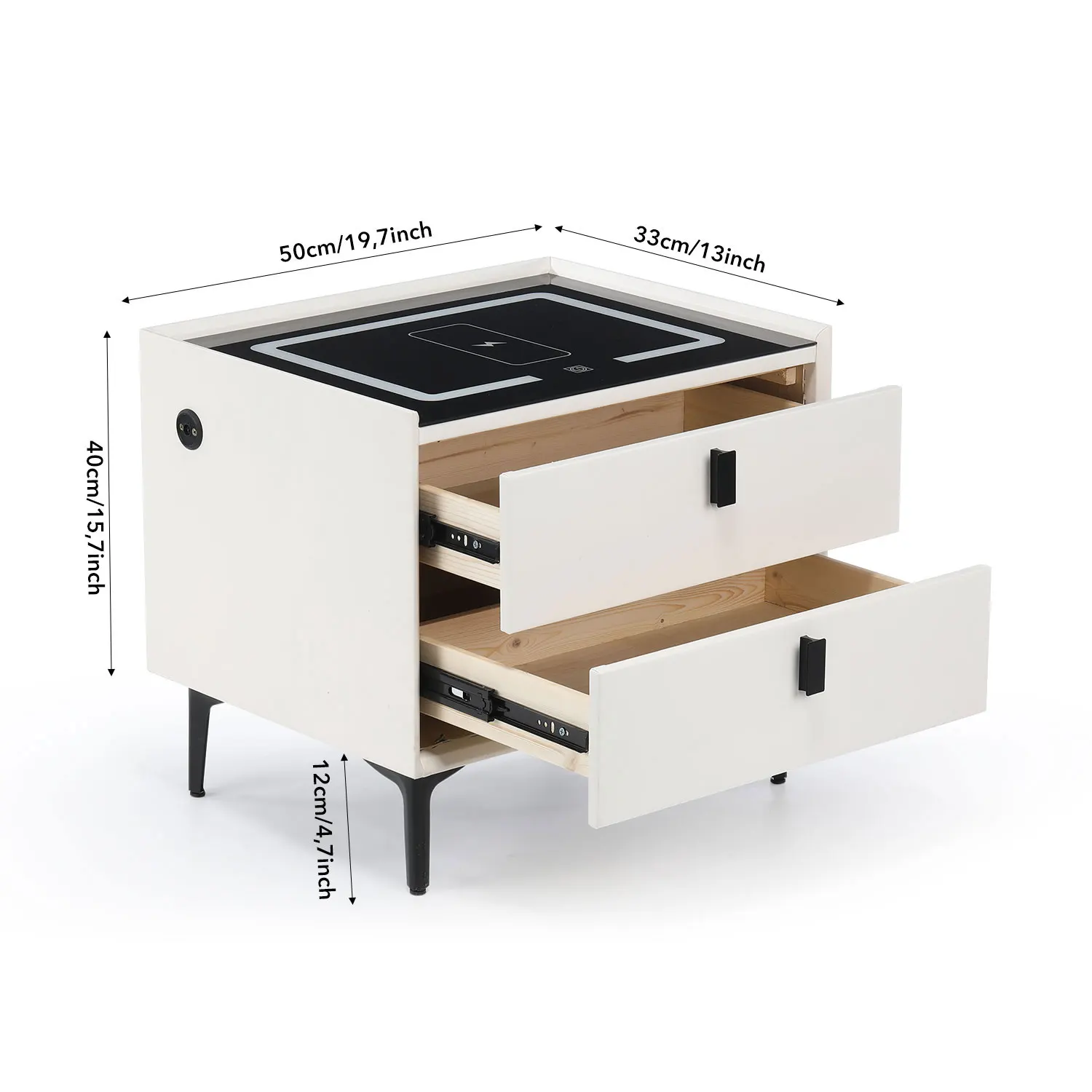 Comodino intelligente Oyajia con ricarica wireless, comodino con luce LED, comodino a 2 cassetti, comodino a LED per soggiorno