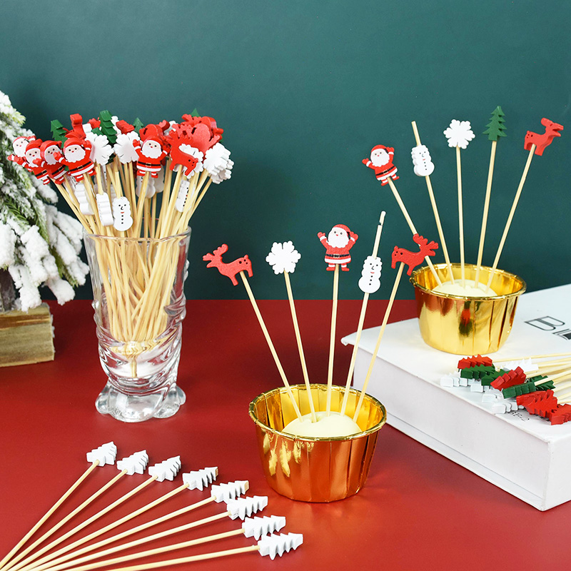 50-100 Uds. De Navidad desechable de bambú, recogedor de alimentos para magdalenas, postre de Papá Noel, palillo de dientes para ensalada de frutas, decoración navideña de Año Nuevo 2025