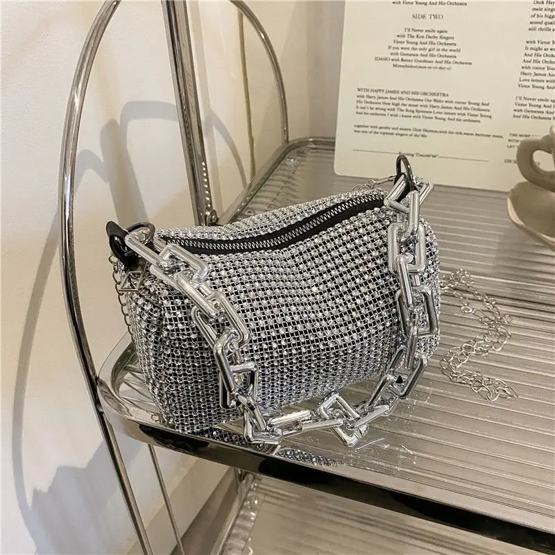 Allover Rhinestone Bucket Bag, brokatowa torebka na studniówkę z łańcuszkiem, damska mini torba na ramię (6,3*3,54) cala