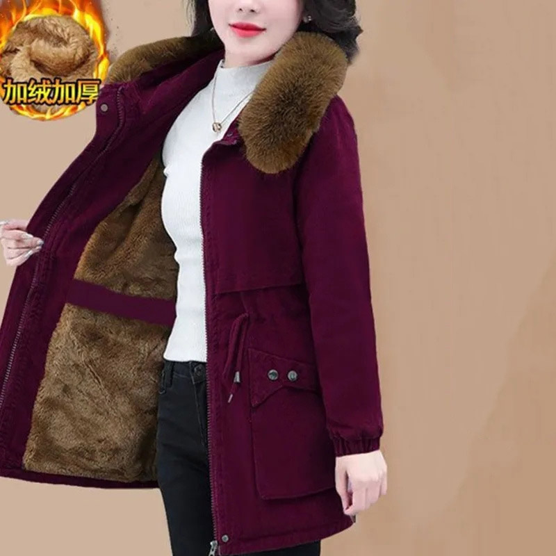 Abrigo acolchado de algodón con cuello de piel desmontable para mujer, Parkas de talla grande 5XL, prendas de vestir, chaqueta acolchada de estilos medio largo 2024