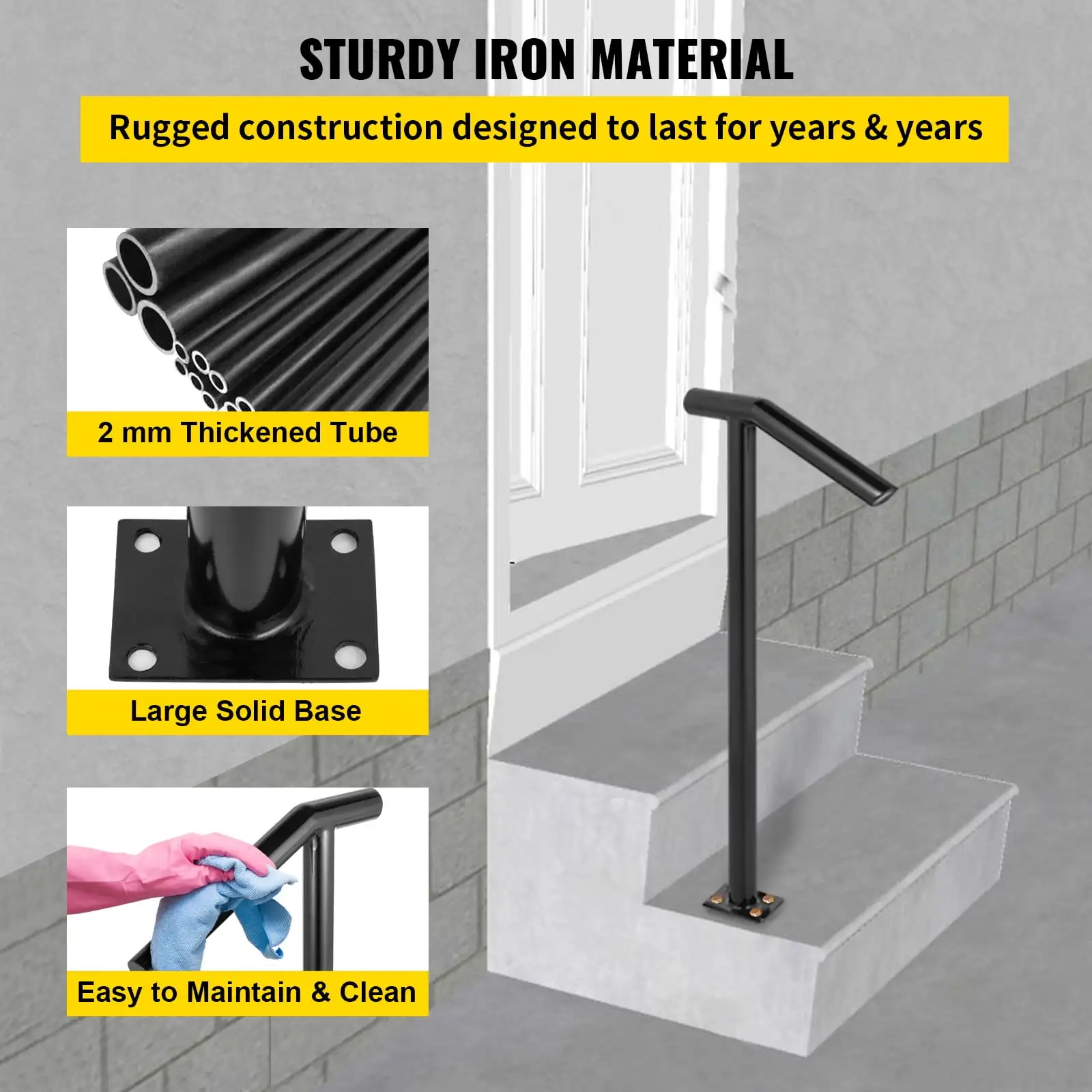 1-2 Steps Single Post, Black Steel Railing 441LBS Capacity Baking Varnish Metal Stairs Stylish Handrails for Outdoor Steps