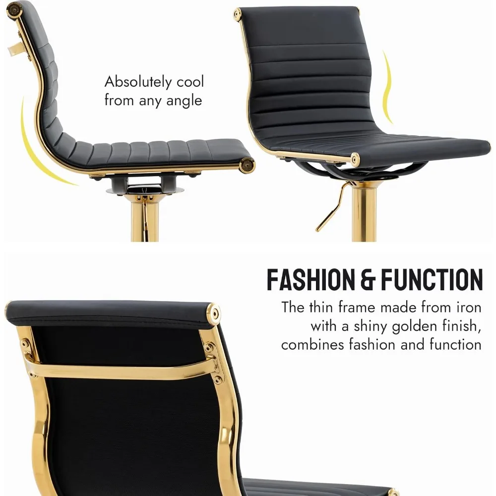 Set of 2 Metal Bar Stools Chairs, Modern Black PU Leather Armless Counter Stool with Golden Base, Height Adjustable Barstools
