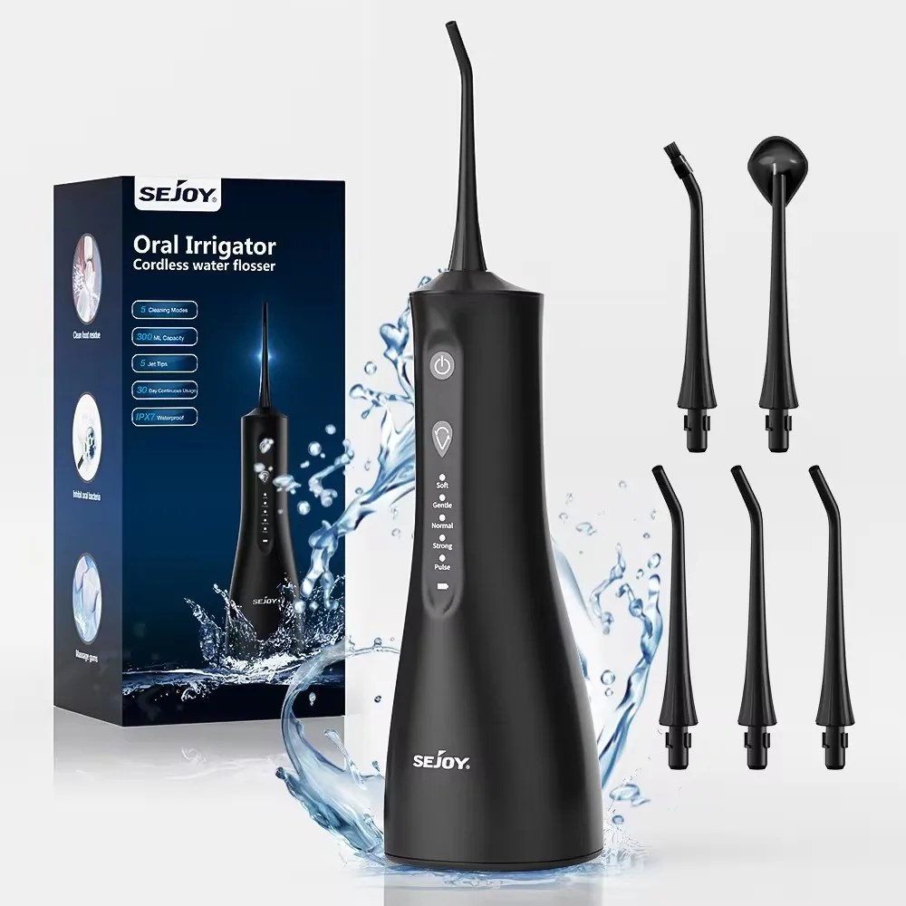 Sejoy Tragbare Wasserflosser für Zähne, 300 ml, Munddusche, wiederaufladbar, Dental, 5 Modi, Wassertank, wasserdichter Zahnreiniger