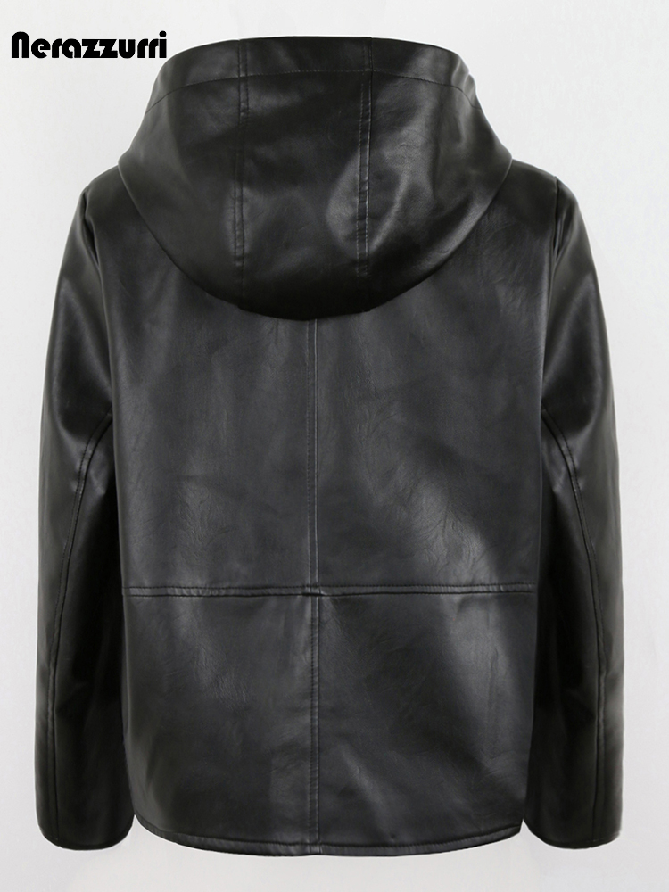 Nerazzurri Frühling Herbst Schwarz Kurze Weiche Licht Pu Leder Jacke Frauen mit Kapuze Zipper Wasserdicht Casual Regenmantel Kleidung 2022