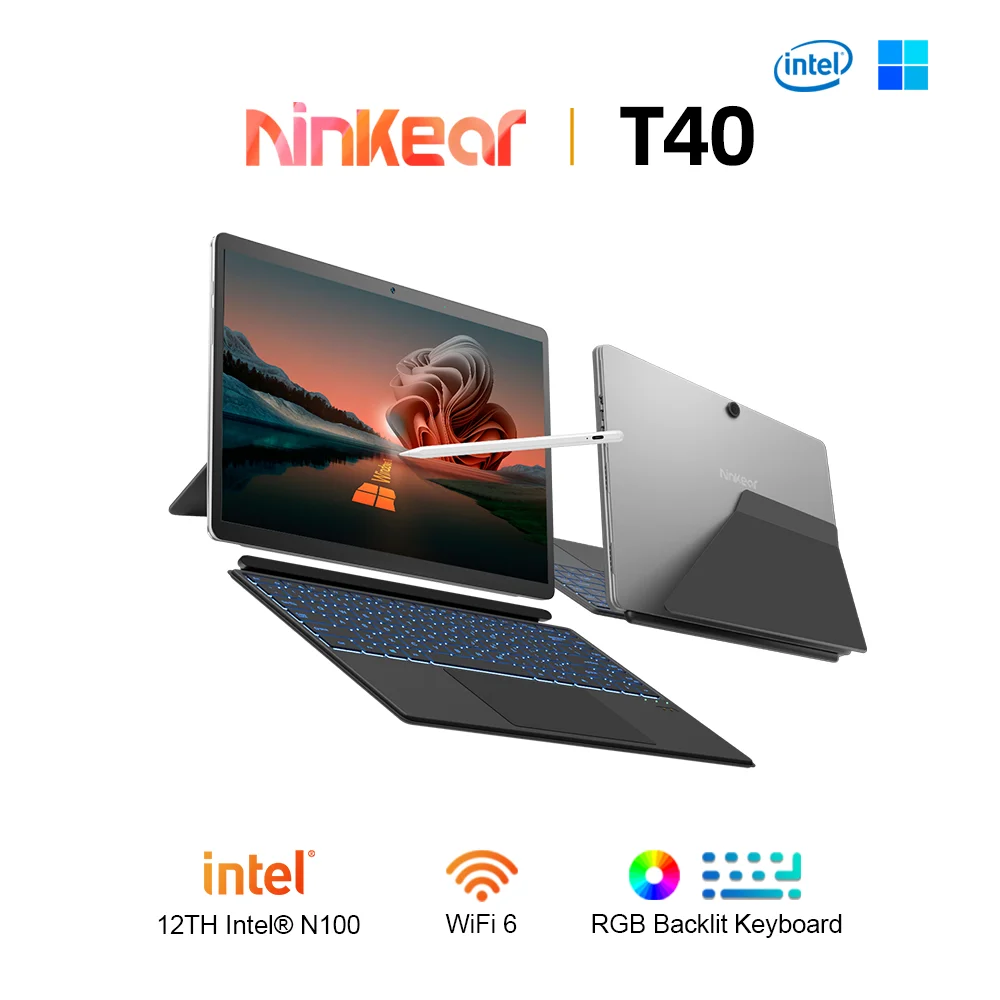 Ninkear T40 Laptop 2 in 1 TouchScreen Tablet Notebook Intel N100 14 pollici FHD 16GB DDR5 + 512GB SSD Wifi 6 RGB retroilluminato con stilo