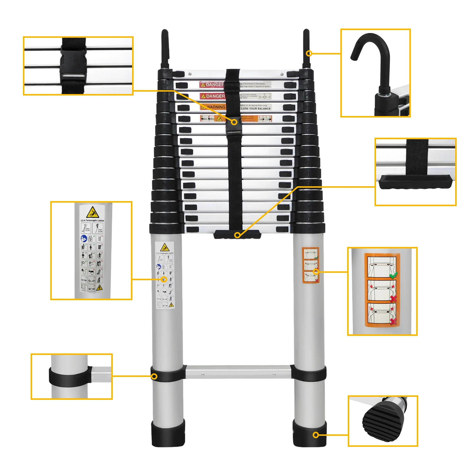 6.2m/20.3ft Folding Extension Ladder Multi Purpose Steps with Detachable Hooks Max Load 150kg for Multipurpose Super High