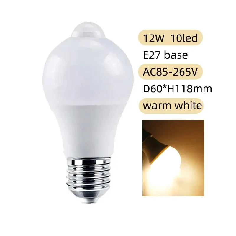 Bombilla LED con Sensor de movimiento E27 de 12W, lámpara LED con Sensor PIR, luz nocturna de encendido/apagado automático para iluminación de estacionamiento del hogar, 220V, 110V