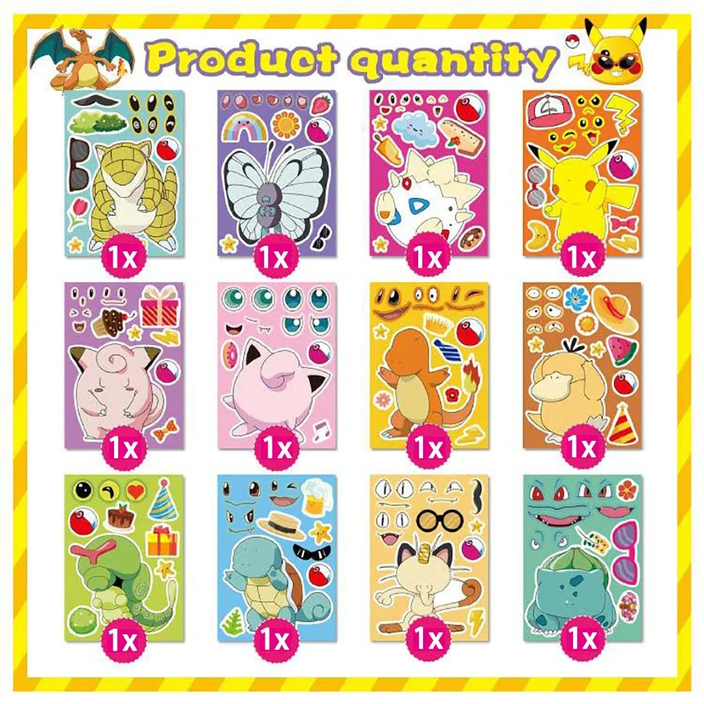 6/12 Lenzuola Pokemon Bambini Puzzle Anime Adesivi Make-a-Face Assemblare Divertente Cartoon Decal Assemblare Puzzle Per Bambini Ragazzo Giocattolo Regalo